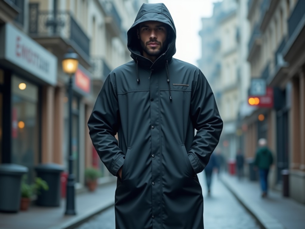mens long padded waterproof raincoat with hood